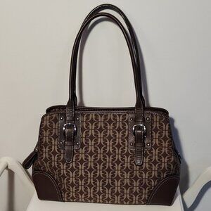 Fossil brown jacquard logo satchel purse, excellent used condition